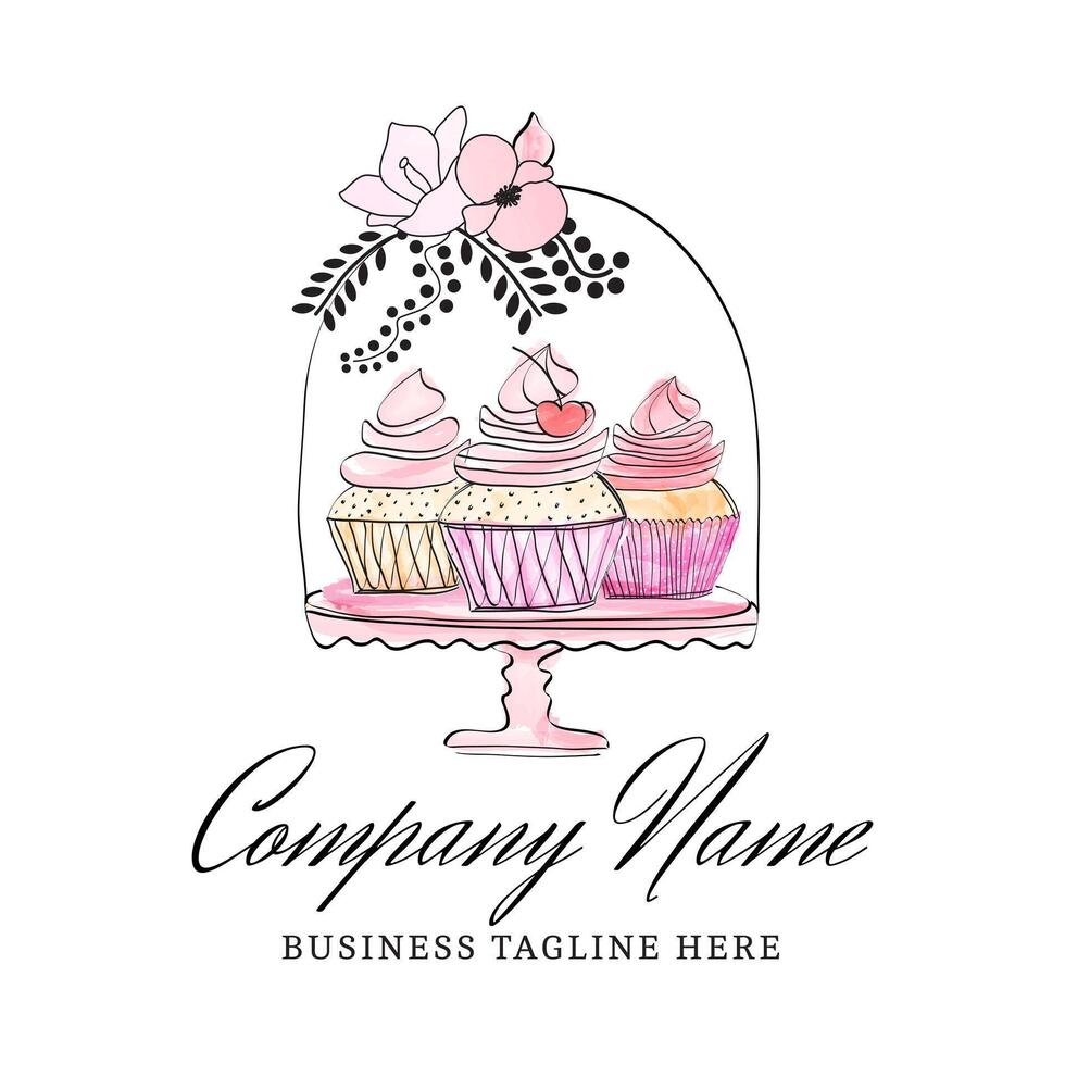 mooi cupcakes in taart houder. waterverf tekening stijl logo vector