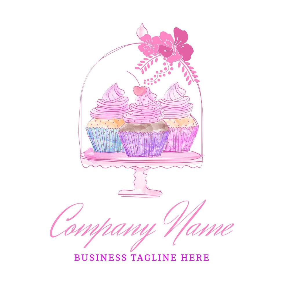 mooi cupcakes in bloemen taart houder. roze logo illustratie vector