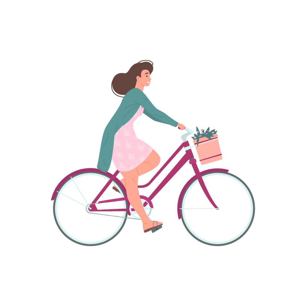 gelukkig vrouw in elegant jurk rijden fiets met bloem mand vlak illustratie vector