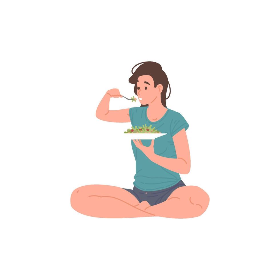 ontspannen huiselijk vrouw aan het eten vers gezond salade zittend in lotus positie Bij huis verdieping vector