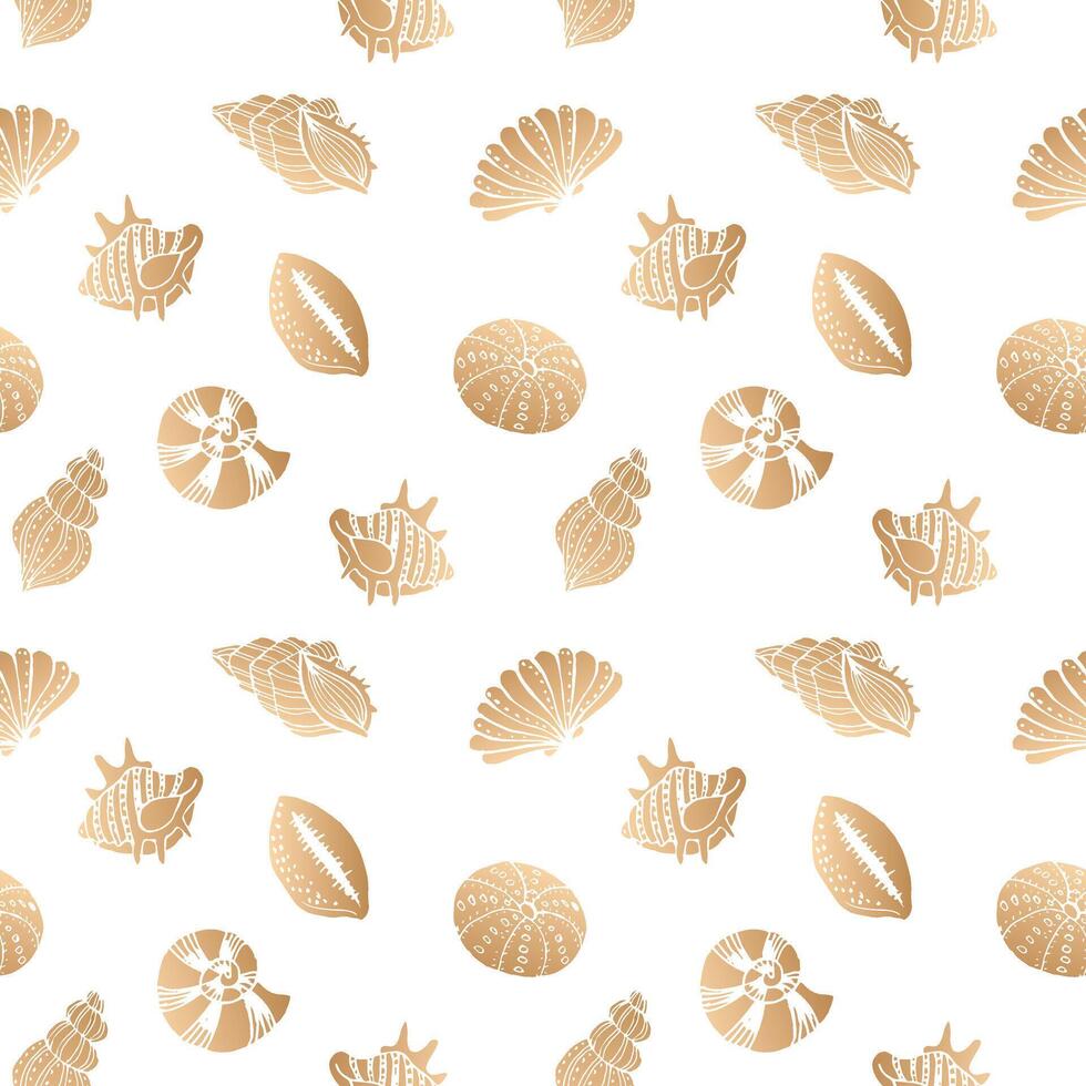 naadloos patroon, hand- getrokken contour schelpen in gouden tonen, achtergrond, afdrukken, textiel vector