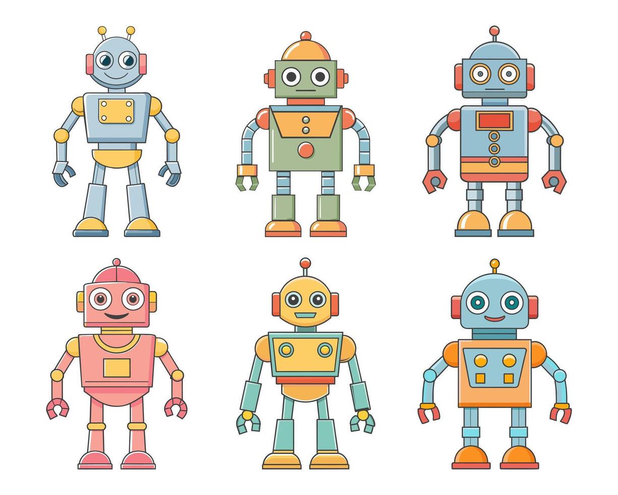 verzameling van tekenfilm tekens robots en droids. aanbiddelijk kinderen tekenfilm kawaii, schattig grappig robots, pastel kleuren. reeks vector