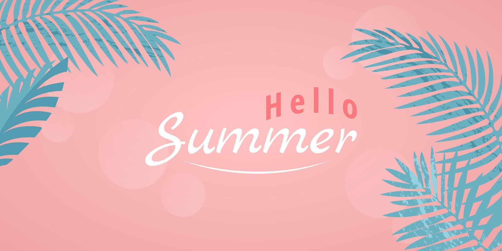 banier voor zomer partij, uitverkoop in modieus helder roze en blauw kleuren met tropisch bladeren. tropisch achtergrond met belettering en palm bladeren. vector