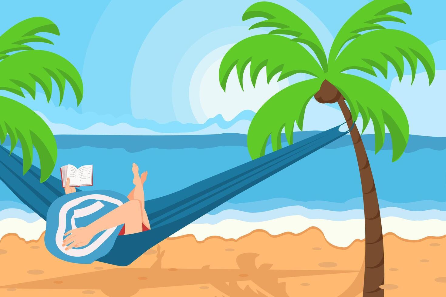 tropisch kleurrijk zomer strand, palm bladeren, meisje ontspannende in hangmat met boek. sjabloon voor uitnodiging, uitverkoop, poster, huis decor, omslag, behang vector