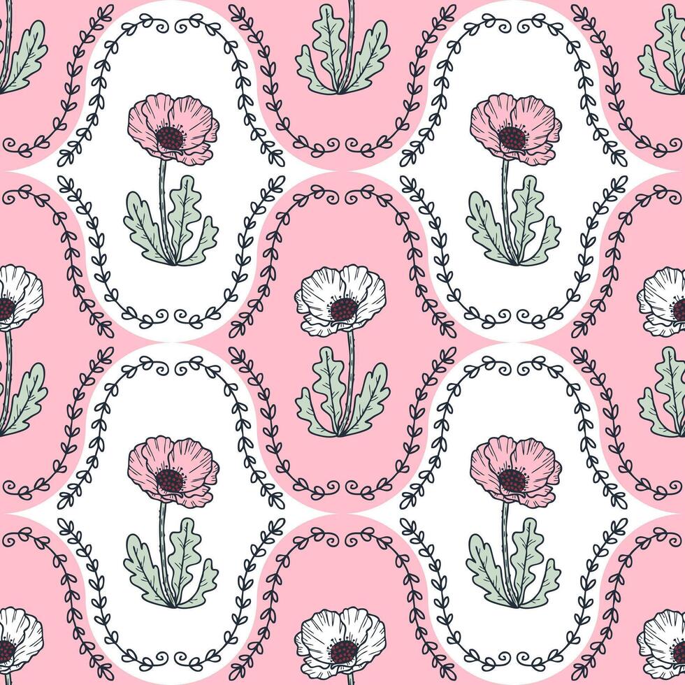 papaver bloemen realistisch tekening planten naadloos patroon. bloemen afdrukken voor tee, papier, textiel en kleding stof. hand- getrokken illustratie. vector