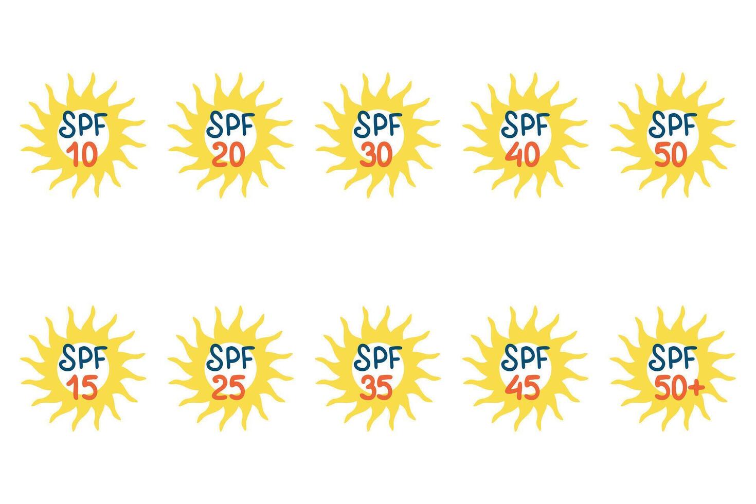 spf zon bescherming factor icoon set. zomer huid zorg concept. hand- getrokken illustratie voor decor en ontwerp. vector