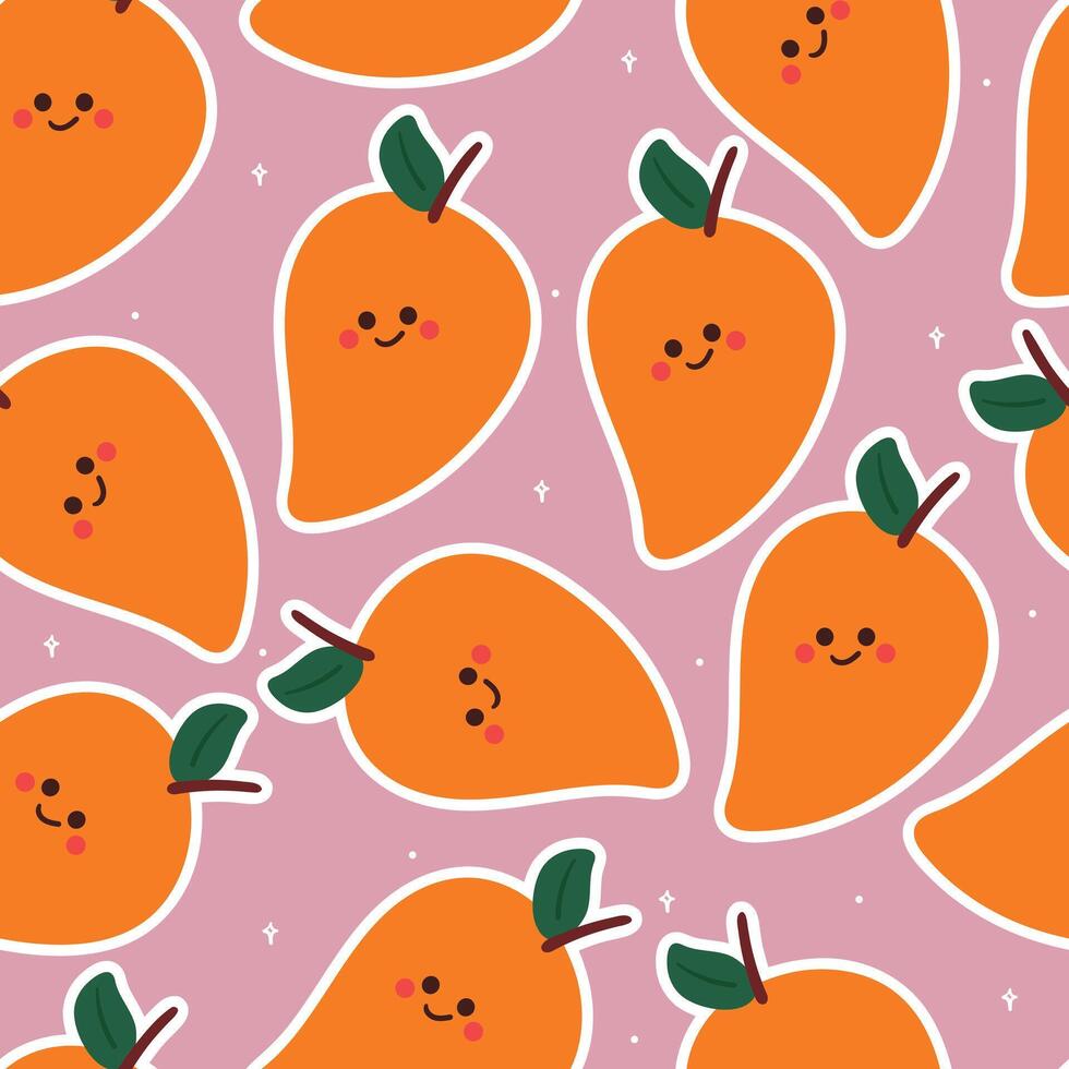 naadloos patroon tekenfilm mango fruit karakter. schattig fruit behang voor kleding stof afdrukken, textiel vector