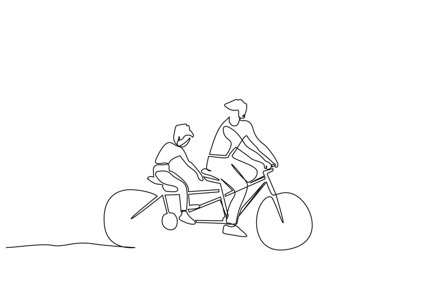 vader zoon weinig jongen rijden een fiets samen amusement park buiten levensstijl een lijn kunst ontwerp vector