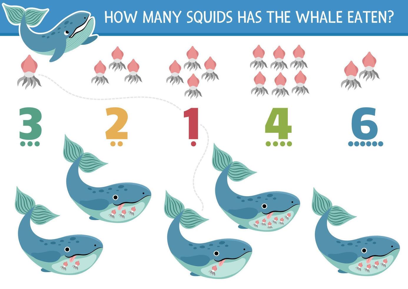 bij elkaar passen de getallen onder de zee spel met walvis aan het eten inktvis. oceaan leven wiskunde werkzaamheid voor peuter- kinderen. marinier leerzaam tellen werkblad met schattig water dieren vector