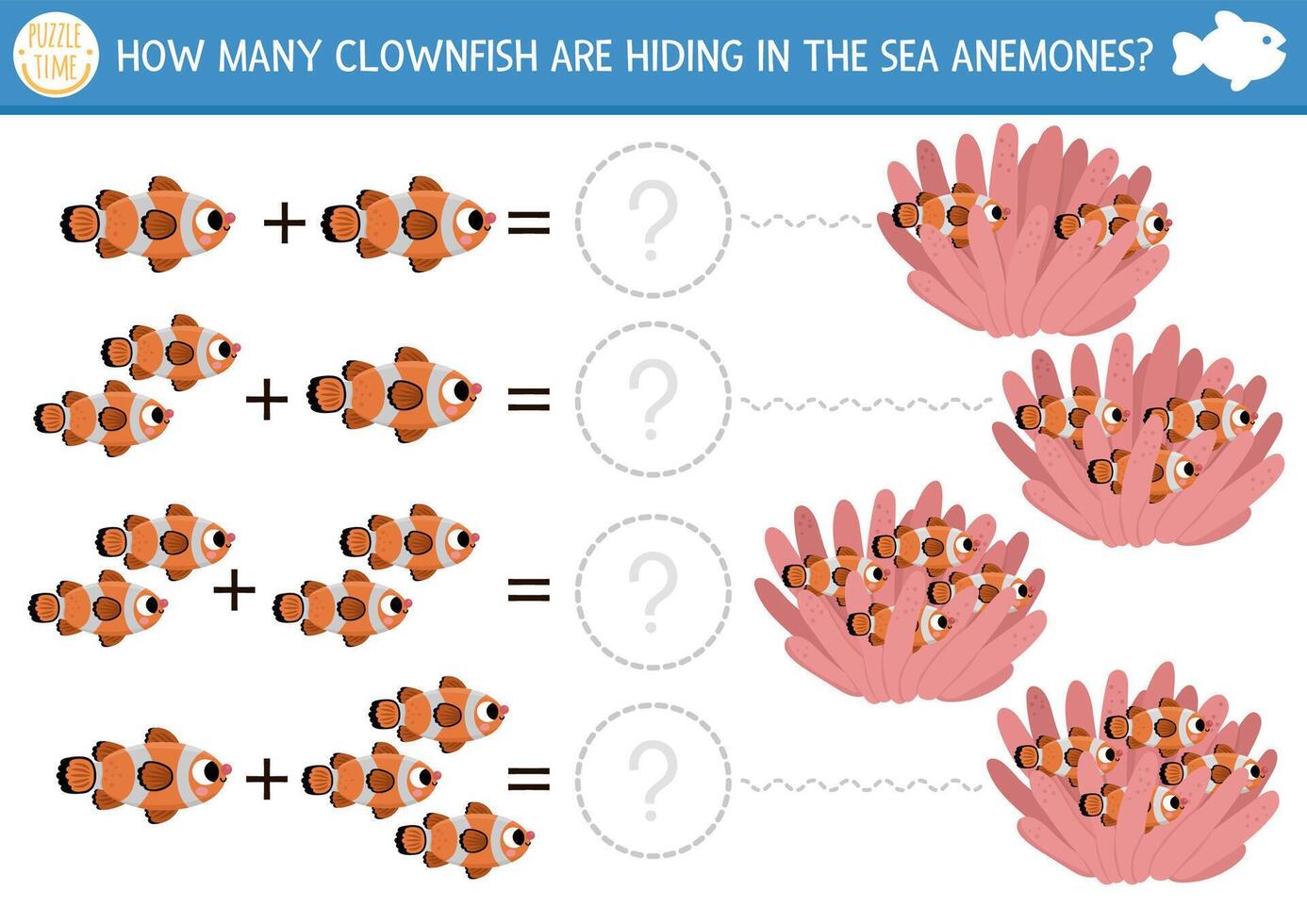 hoe veel clown vis spel. onder de zee wiskunde toevoeging werkzaamheid voor peuter- kinderen. gemakkelijk oceaan leven afdrukbare tellen werkblad voor kinderen met schattig water dieren, vis, zeewier vector