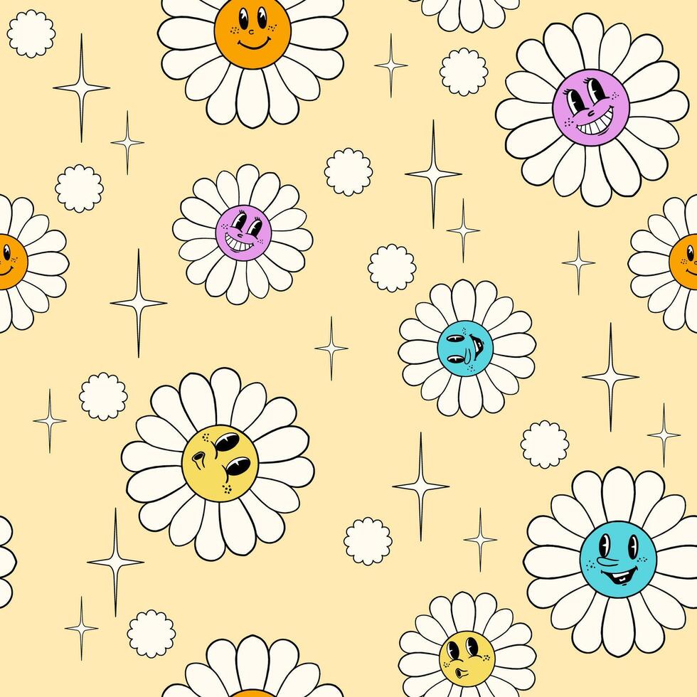 naadloos patroon van tekenfilm bloemen met gezichten, botanisch naadloos patronen, groovy naadloos patronen, kan worden gebruikt voor het drukken Aan kleding stof, behang, digitaal decoratie, vector