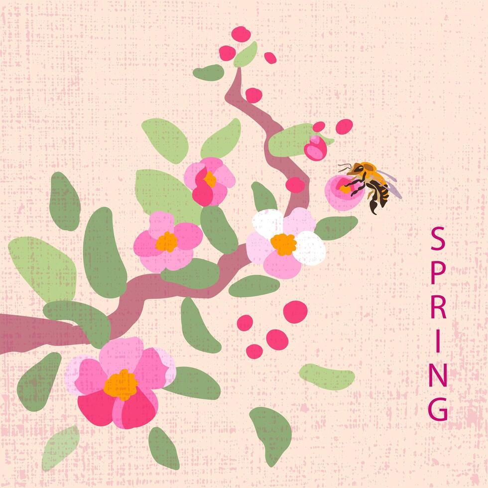 voorjaar poster plein kader traditioneel bloemen appel boom Afdeling roze sjabloon banier vakantie groeten structuur hand- getrokken roze bloemblaadjes groen madeliefje bladeren vector