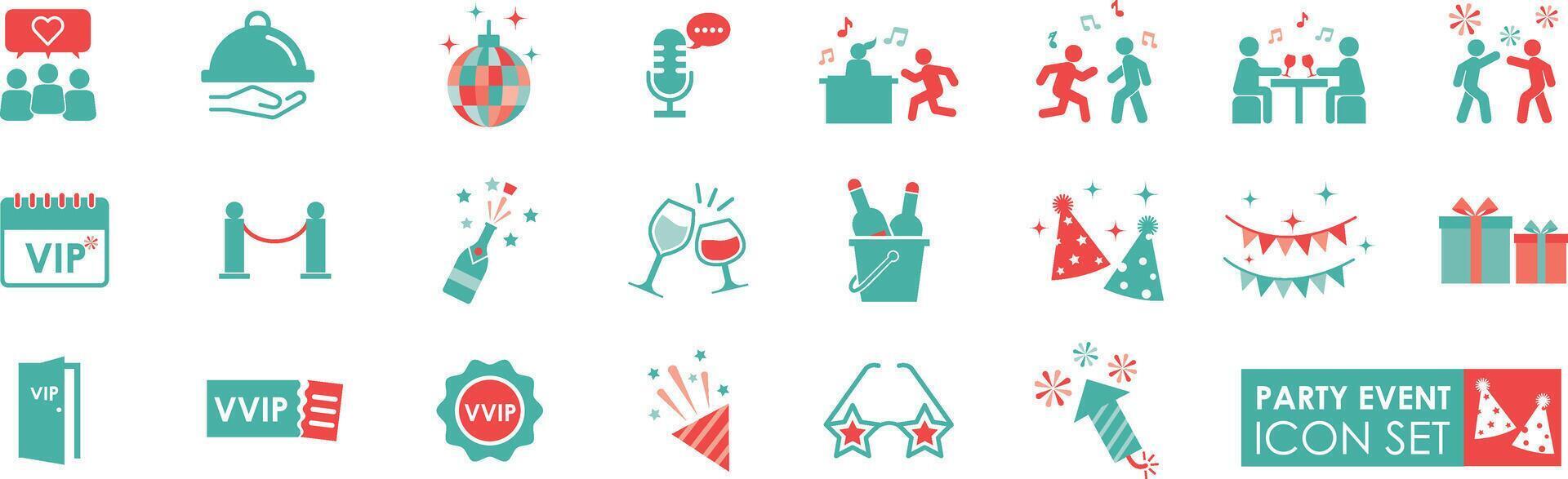 partij evenement pictogrammen set. solide icoon stijl. bevat viering, partij, evenement, feestelijk, vip, amusement, muziek, dansen, confetti, ballonnen en wimpels, illustraties. vector