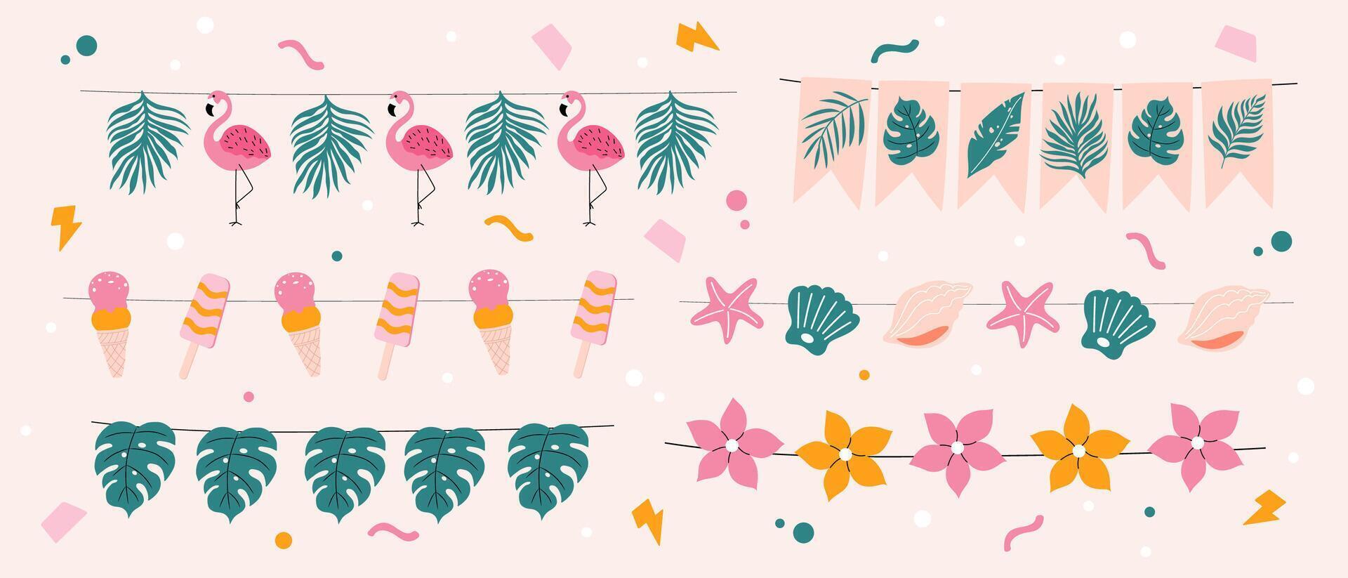 reeks van hand getekend zomer slingers. helder en kleurrijk decoratie. palm bladeren, ijs room, bloemen en schelpen. vector