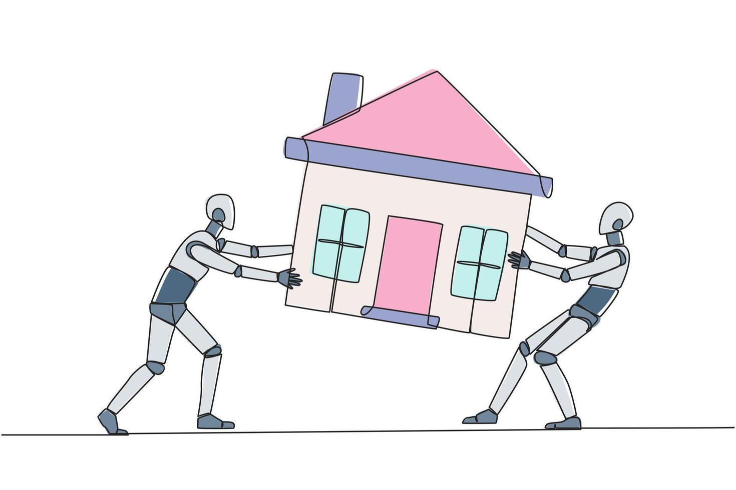 doorlopend een lijn tekening twee emotioneel robot vechten over- miniatuur huis. de concept van vechten voor luxueus huis dat ze werkelijk willen. ai techniek. single lijn trek ontwerp illustratie vector