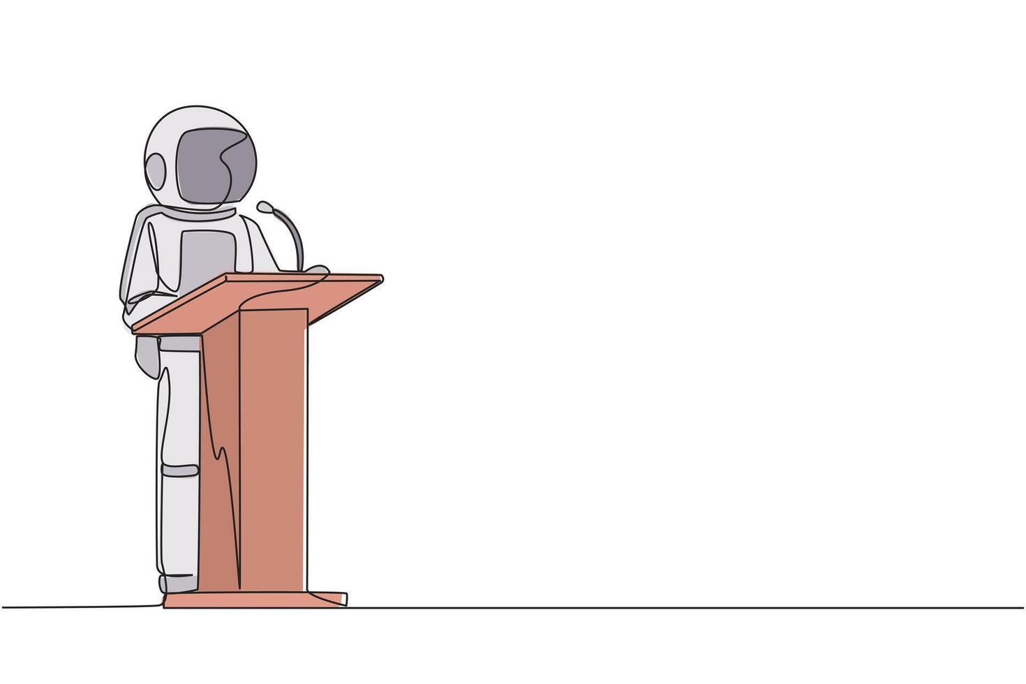 doorlopend een lijn tekening inspirerend robot geven toespraak Bij de podium. overbrengen tips voor succes in aan het doen bedrijf door doorgaan naar behouden natuur. single lijn trek ontwerp illustratie vector