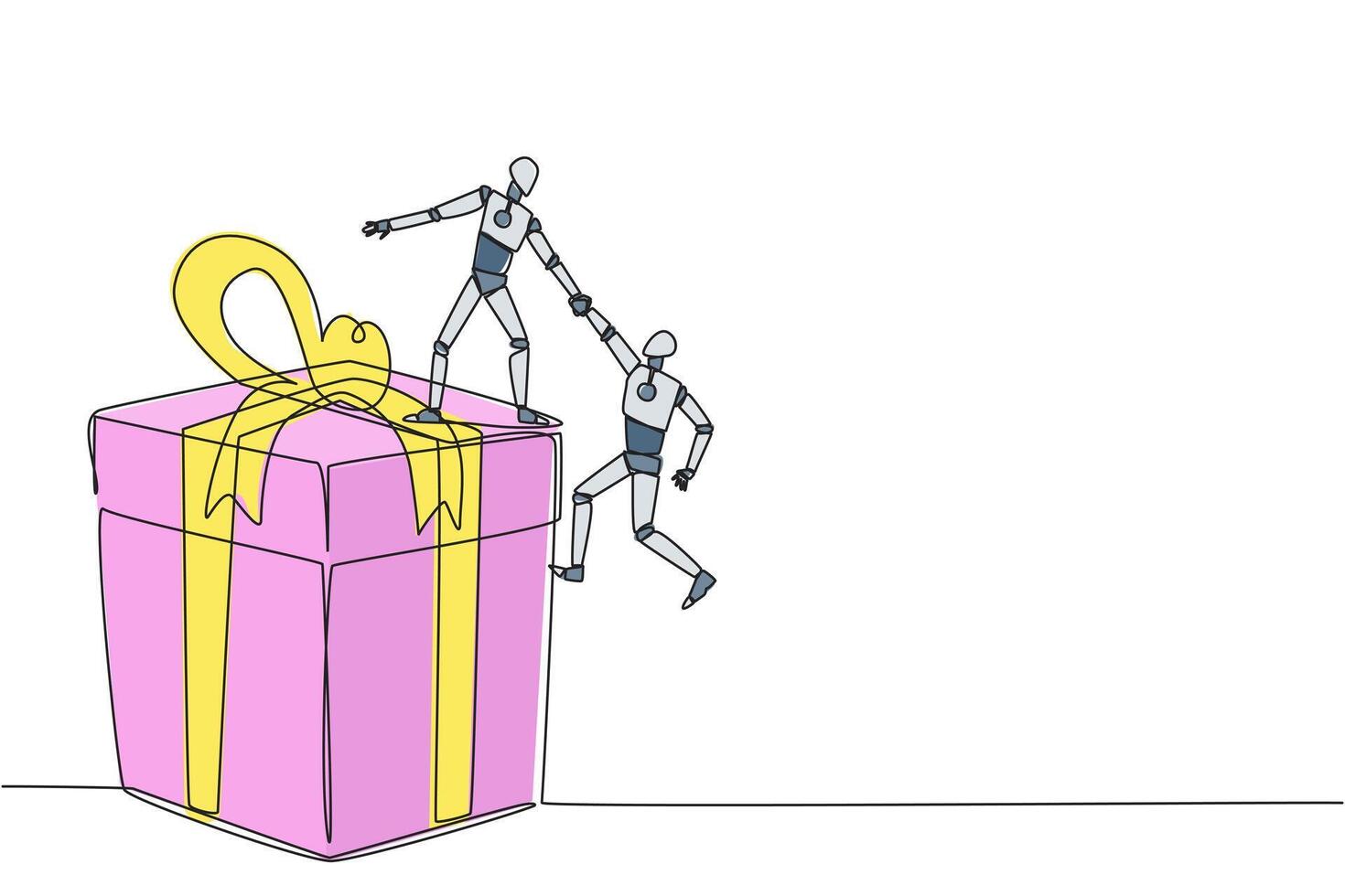 single doorlopend lijn tekening slim robot helpt collega beklimmen de groot geschenk doos. geïntegreerde samenspel naar bereiken hoogste niveau voor beloningen. helpen elk ander. een lijn ontwerp illustratie vector