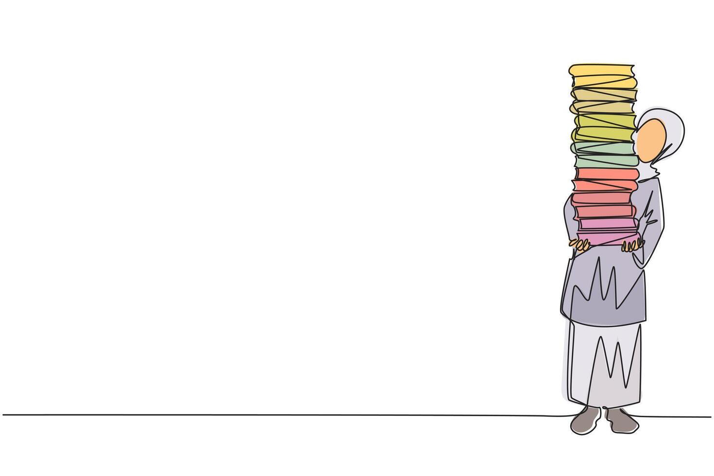 single doorlopend lijn tekening Arabisch vrouw draag- hoog stack van boeken aan het bedekken haarzelf. nieuw aankoop boek van boekhandel. lezen boeken een door een Bij huis. lezing. een lijn ontwerp illustratie vector