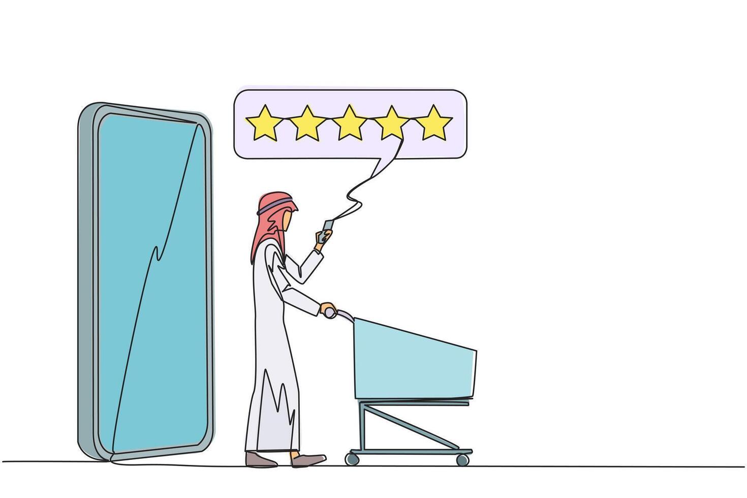 single een lijn tekening gelukkig Arabisch Mens liep uit van groot smartphone terwijl voortvarend een boodschappen doen karretje. vijf sterren beoordeling opnieuw bekijken. e handel. recensie naar verkoper. doorlopend lijn grafisch illustratie vector