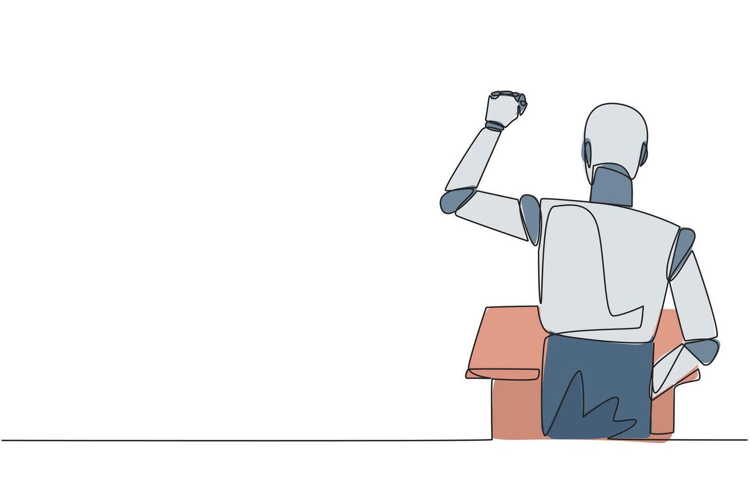 single doorlopend lijn tekening achterzijde visie van slim robot sprekend Bij de podium. verhogen en balanceren handen, enthousiast gaf financieel krijgen oratie. redenaar. een lijn ontwerp illustratie vector