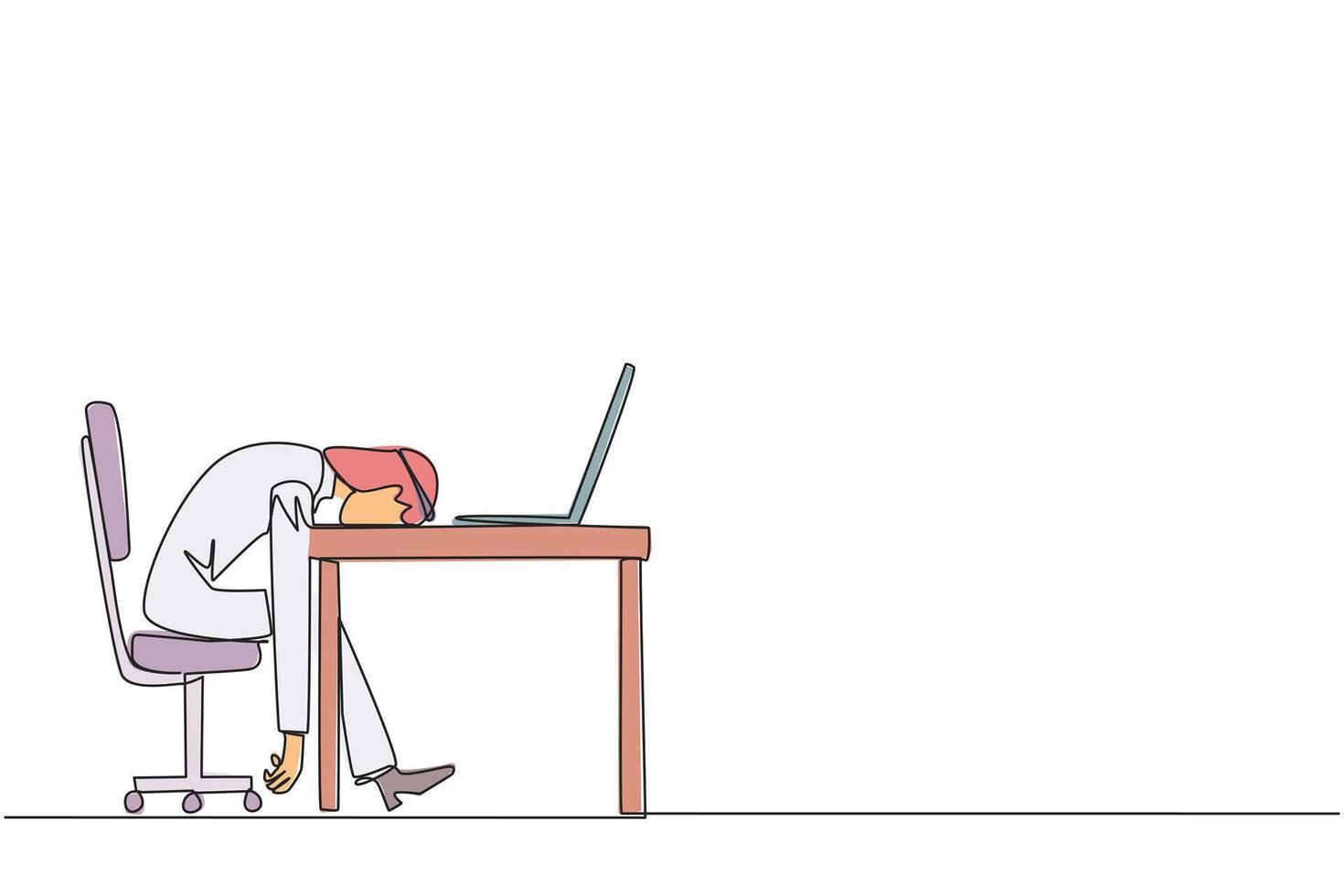 single doorlopend lijn tekening Arabisch zakenman viel in slaap in voorkant van een laptop computer. vermoeidheid rennen een bedrijf. mentaal Gezondheid probleem. uitgeput. verveeld. een lijn ontwerp illustratie vector