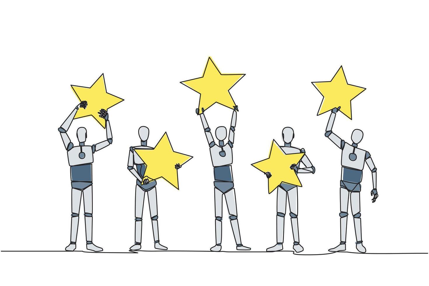 single doorlopend lijn tekening groep van vijf kunstmatig robot intelligentie- verheven hun respectieve ster. geven positief terugkoppeling en de het beste opnieuw bekijken. 5 ster. online winkel. een lijn illustratie vector