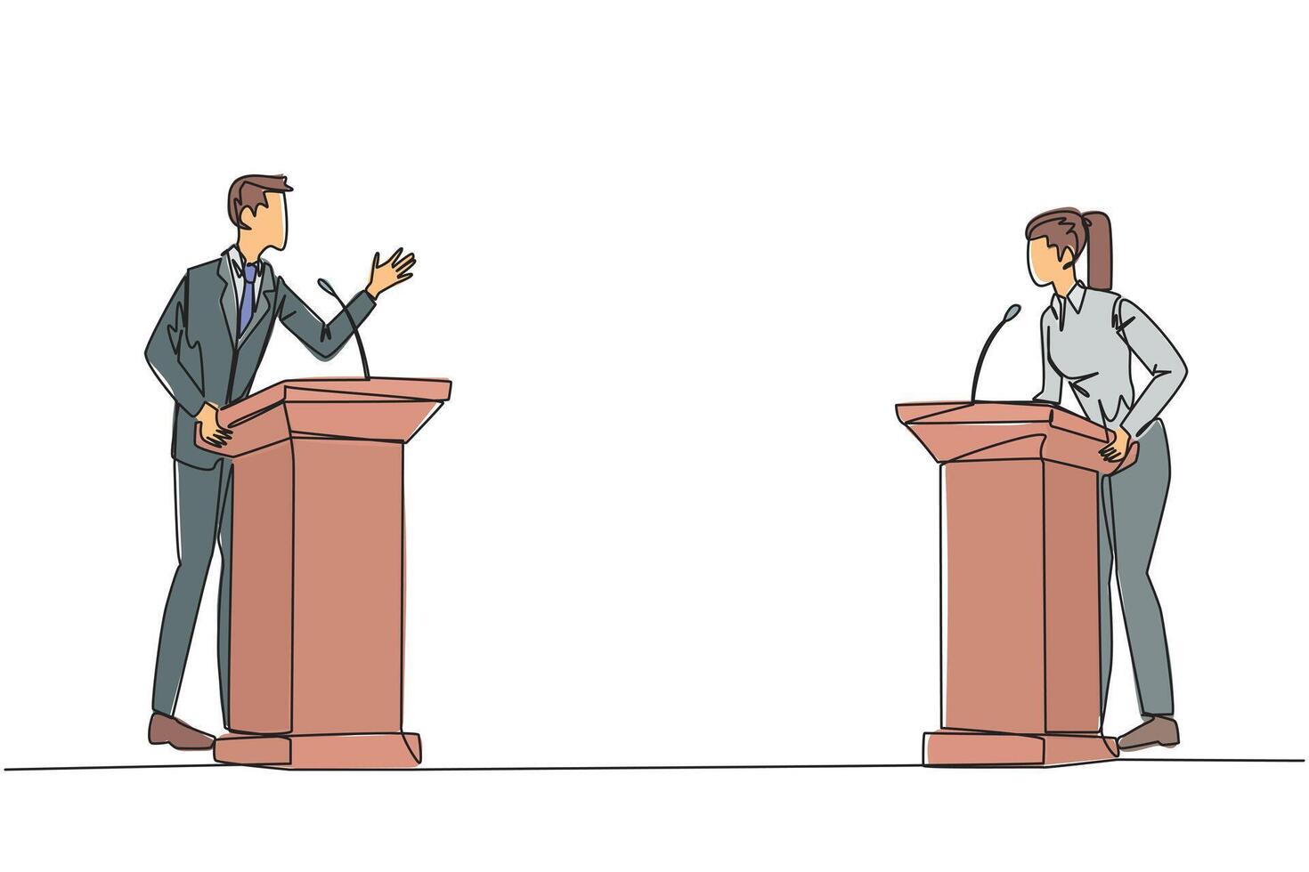 doorlopend een lijn tekening zakenman en zakenvrouw ruzie maken Aan de podium. het werpen argumenten Bij elk ander, niet willen naar geven in. voelen meest Rechtsaf. single lijn trek ontwerp illustratie vector