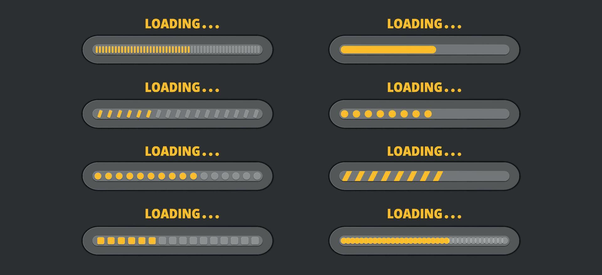 reeks van laden bar voortgang. illustratie van bezig met laden bar, niveau, schaal, geluid volume. software hulpmiddel. snelheid uploaden of downloaden. paneel schakelaar controle. indicator van toestand downloaden. vector