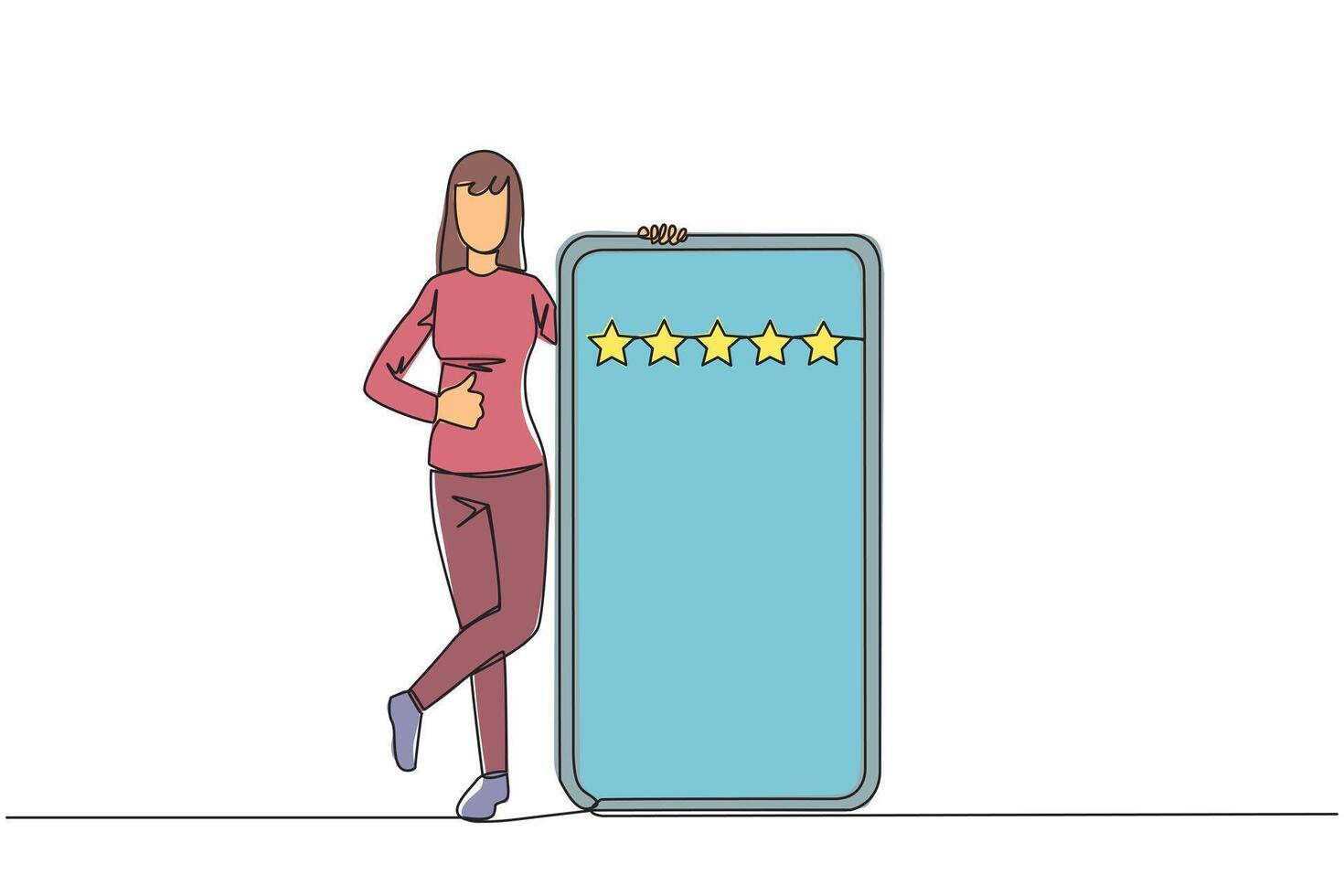 single een lijn tekening jong gelukkig glimlachen vrouw staat terloops De volgende naar een groot smartphone, andere hand- geven een duimen omhoog gebaar. geven recensie 5 ster. doorlopend lijn ontwerp grafisch illustratie vector