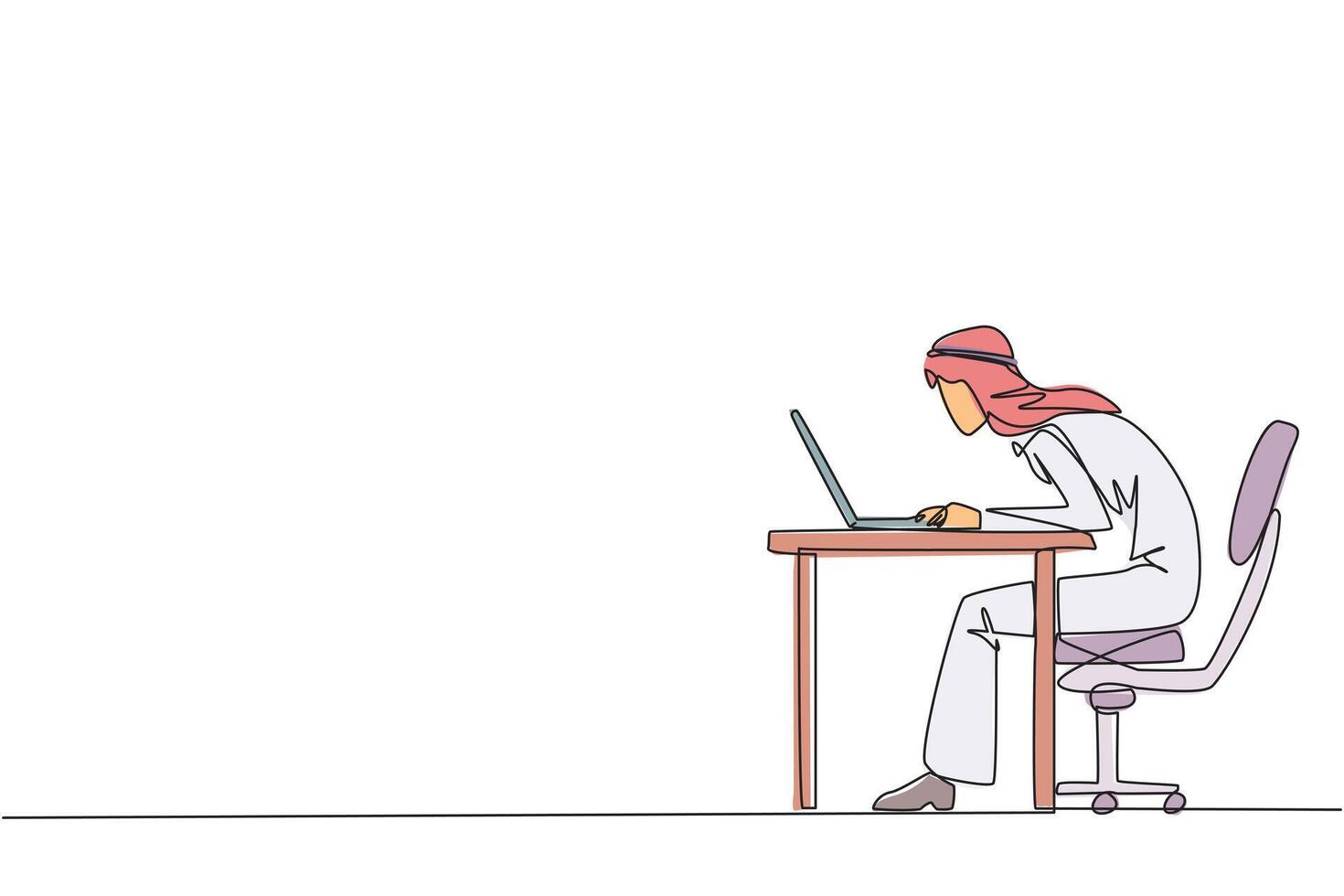 single doorlopend lijn tekening Arabisch zakenman zittend en typen Aan laptop computer. werk moeilijk naar bereiken maximaal verwacht resultaten. na een tijdje en werk slim. een lijn ontwerp illustratie vector