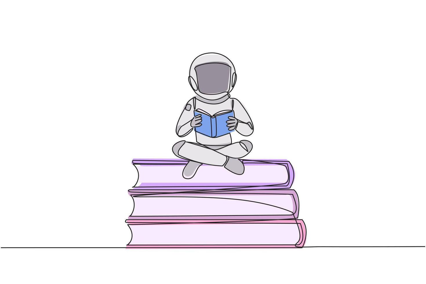 single een lijn tekening astronaut zittend met gekruiste benen Aan stapel van groot boeken. lezen grappig. lezen leerboek. lezen wetenschappelijk logboek. lezen toenemen in zicht. doorlopend lijn ontwerp grafisch illustratie vector