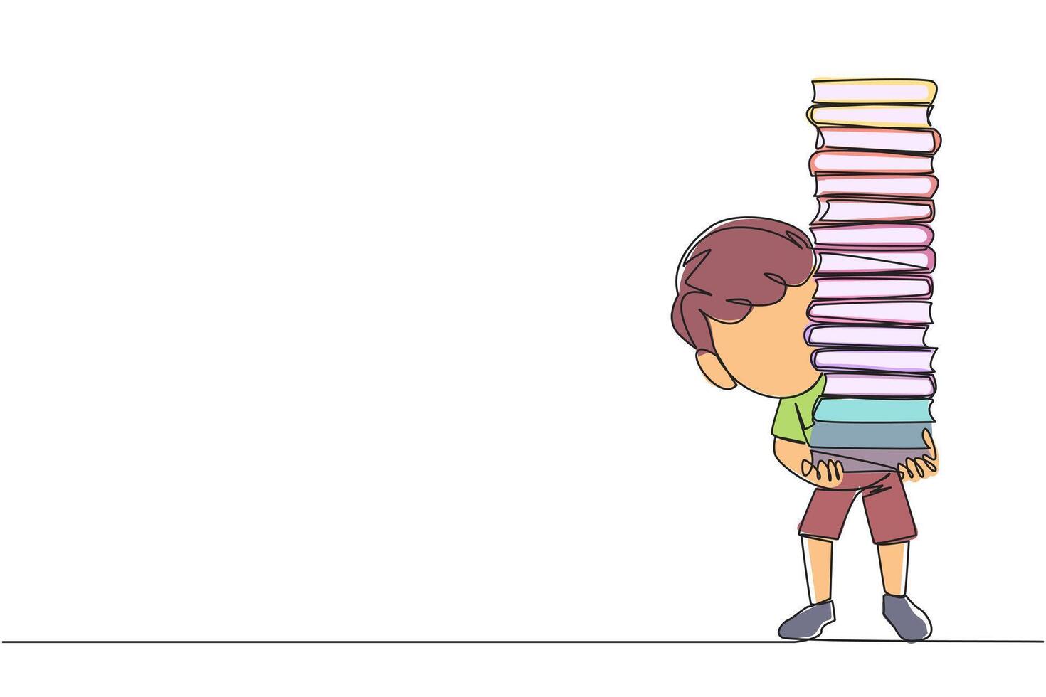 single doorlopend lijn tekening jongen draag- een hoog stack van boeken aan het bedekken zichzelf. nieuw gekocht boek van een boekhandel. lezen boeken een door een Bij huis. liefde lezen. een lijn ontwerp illustratie vector