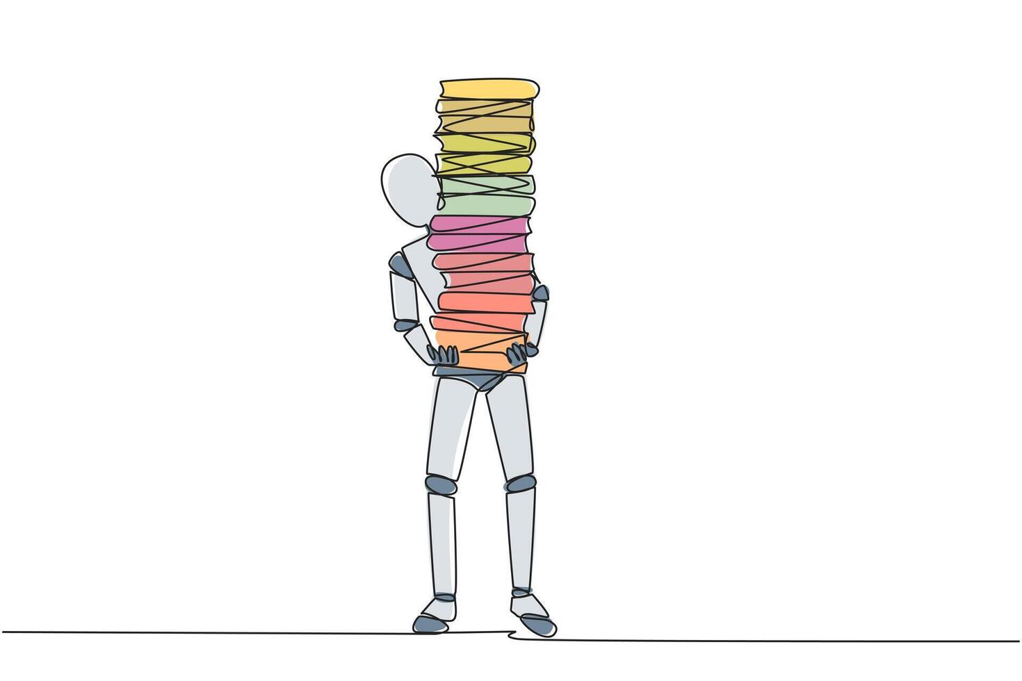doorlopend een lijn tekening robot draag- hoog stack van boeken aan het bedekken zelf. nieuw aankoop boek van boekhandel. lezen boeken een door een Bij huis. lezing. single lijn trek ontwerp illustratie vector