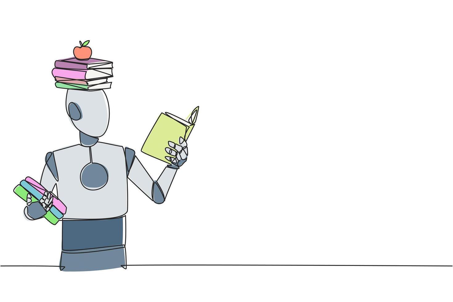 doorlopend een lijn tekening robot lezing boek beoefenen evenwicht. stack boeken Aan top van hoofd langs met de appel. balanceren lezing ritme, trein focus. single lijn trek ontwerp illustratie vector