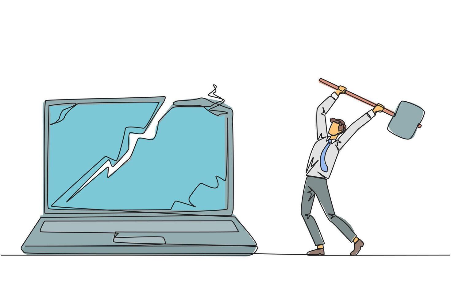 single een lijn tekening zakenman voorbereidingen treffen naar raken laptop. rampspoed. vernietigen technologie dat kan niet worden gebruikt optimaal. upgrade hardware en hersenwerk. doorlopend lijn ontwerp grafisch illustratie vector