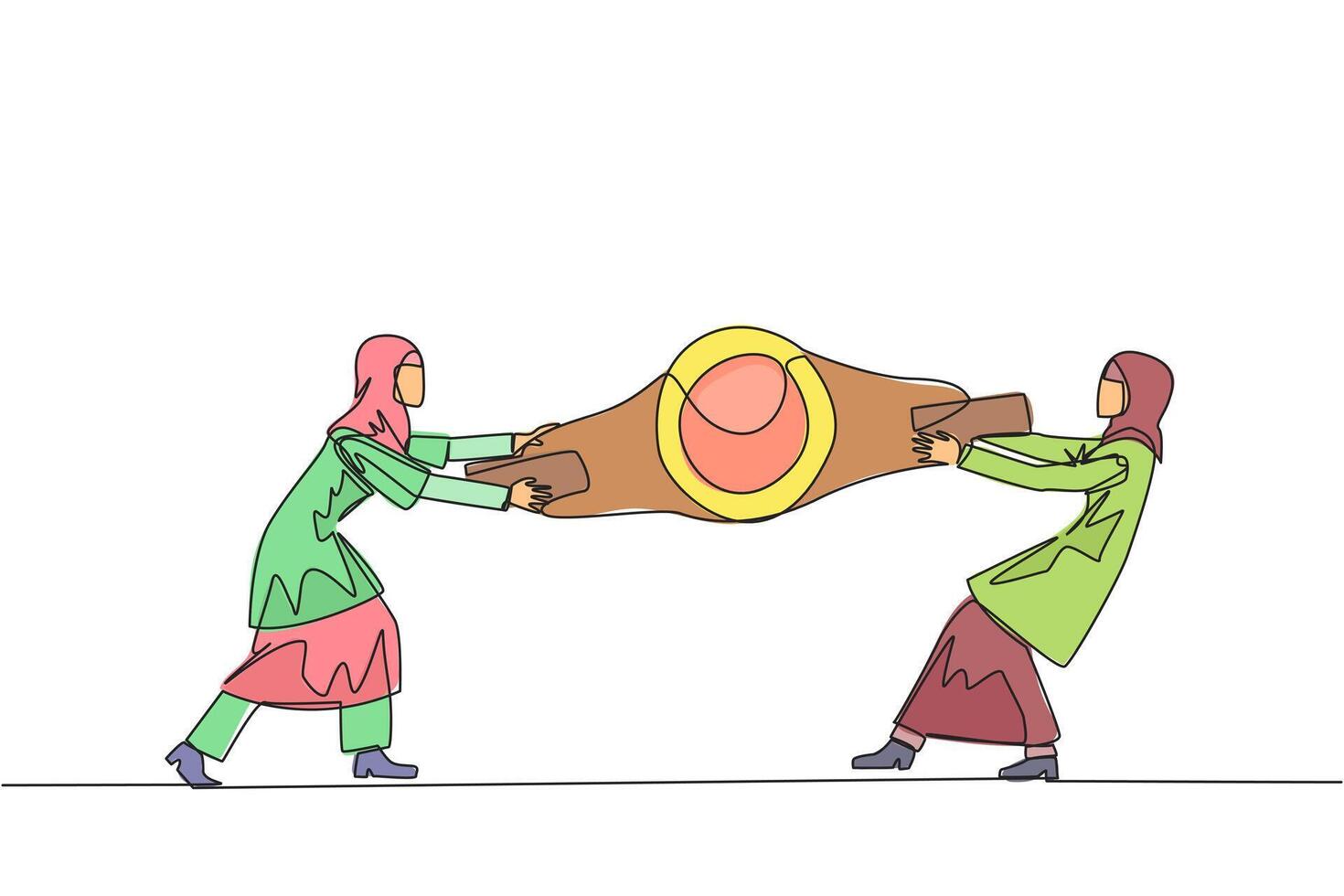 doorlopend een lijn tekening twee Arabisch zakenvrouw vechten over- boksen riem. strijd voor naar worden beste en sterkste zakenvrouw. zakenvrouw strijd. single lijn trek ontwerp illustratie vector