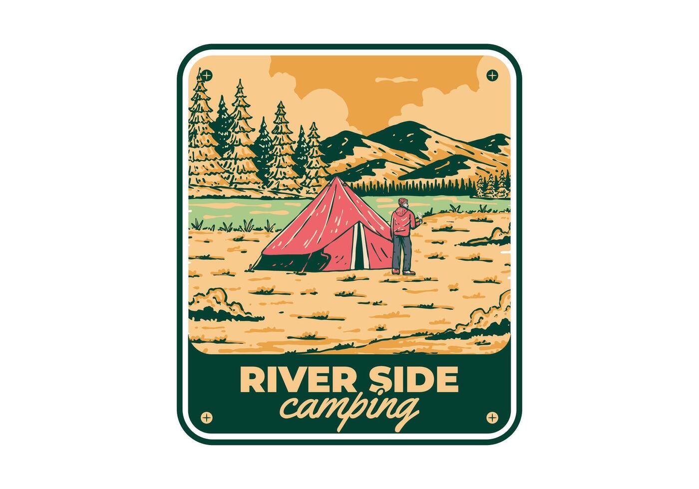 rivier- kant camping. wijnoogst buitenshuis illustratie insigne vector