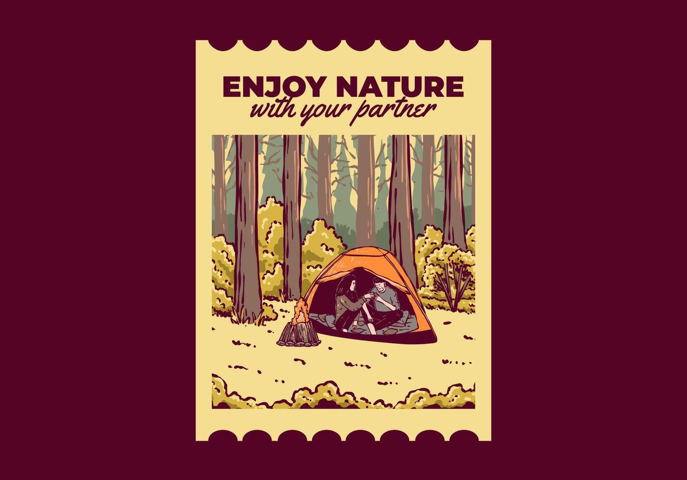 camping in natuur met partner. wijnoogst buitenshuis illustratie vector