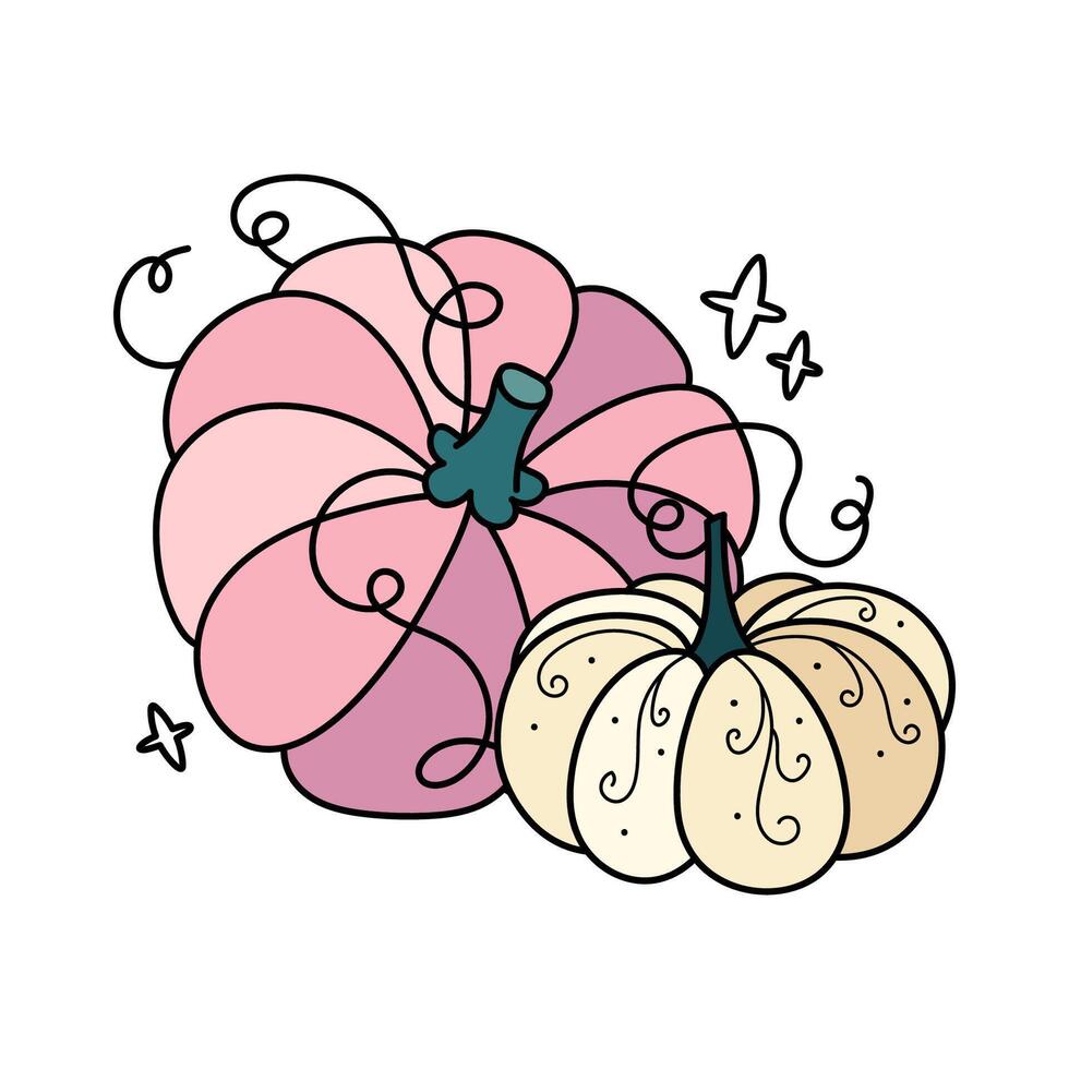 herfst pompoenen schattig hand- getrokken illustratie. aanbiddelijk kawaii dubbele samenstelling. tekenfilm vlak clip art voor seizoensgebonden groet kaarten, kleding afdrukken, stickers, verpakking. vector