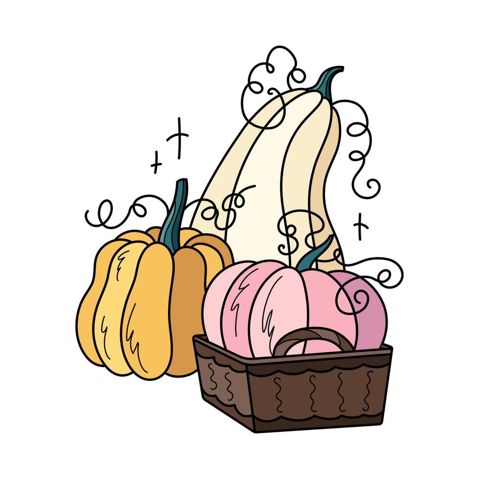 herfst pompoenen en mand schattig hand- getrokken illustratie. aanbiddelijk kawaii verdrievoudigen samenstelling. tekenfilm vlak clip art voor seizoensgebonden groet kaarten, kleding afdrukken, stickers, verpakking. vector