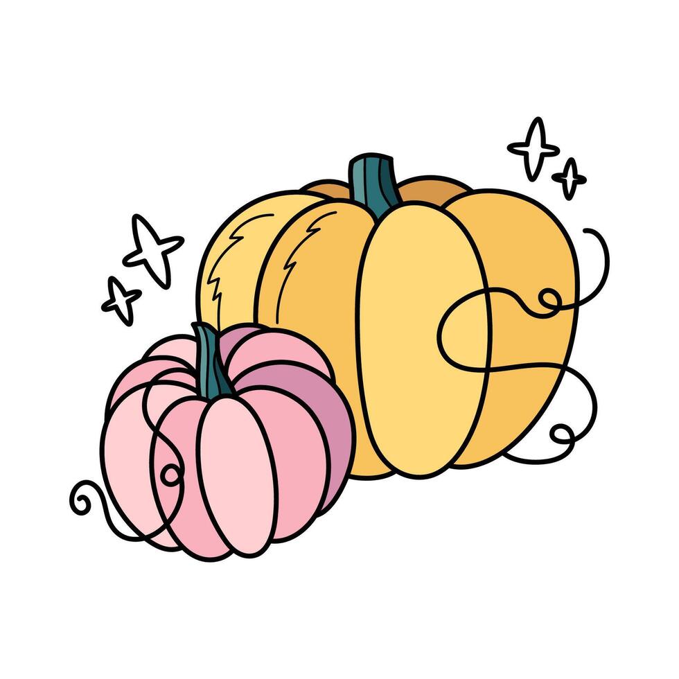 herfst pompoenen schattig hand- getrokken illustratie. aanbiddelijk kawaii dubbele samenstelling. tekenfilm vlak clip art voor seizoensgebonden groet kaarten, kleding afdrukken, stickers, verpakking. vector