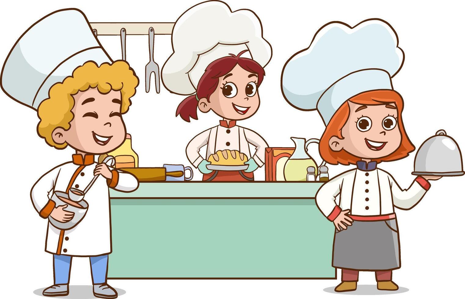 illustratie van kind kookt. tekenfilm mascottes in divers dynamisch poseert. mensen jongen en meisje chef in wit hoeden, illustratie vector