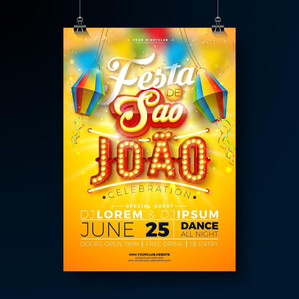 festa Junina partij folder illustratie met papier lantaarn en retro licht lamp aanplakbord Aan glimmend geel achtergrond. Brazilië juni sao joao festival ontwerp voor uitnodiging of viering poster. vector