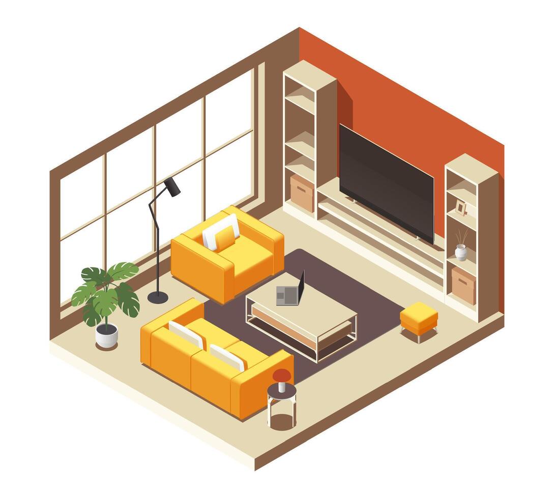 isometrische leven kamer interieur. tekenfilm appartement met meubilair, modern huiselijk kamer met sofa en fauteuil, huis interieur ontwerp. illustratie vector