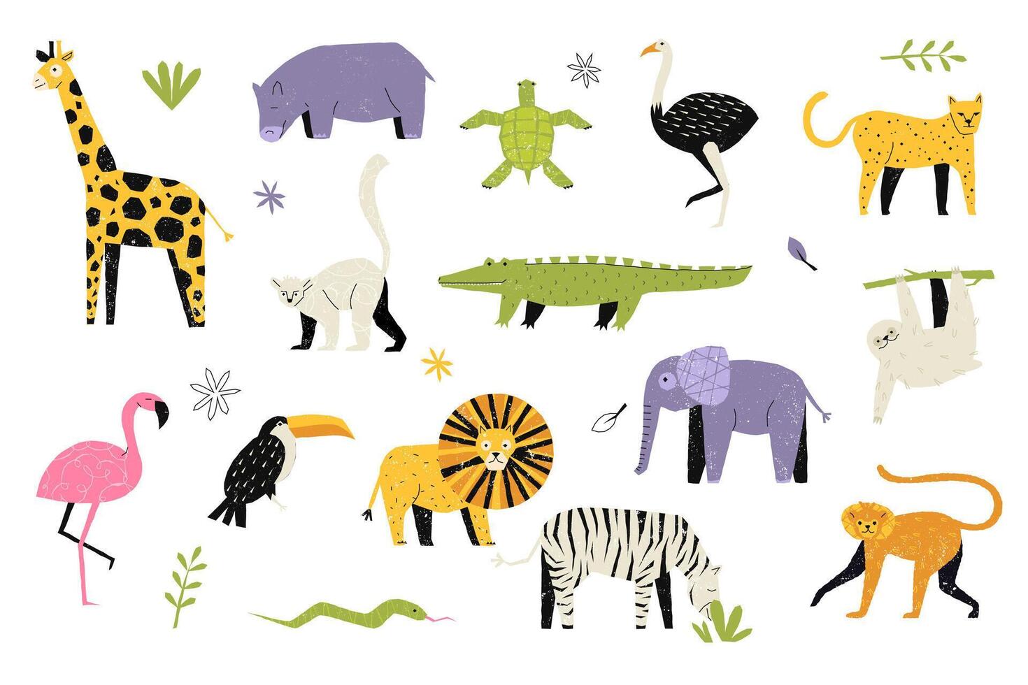 kinderachtig modieus dieren. abstract naief meetkundig vormen van kinderen, schattig grappig baby zebra nijlpaard leeuw giraffe tijger silhouet pictogrammen. geïsoleerd reeks vector