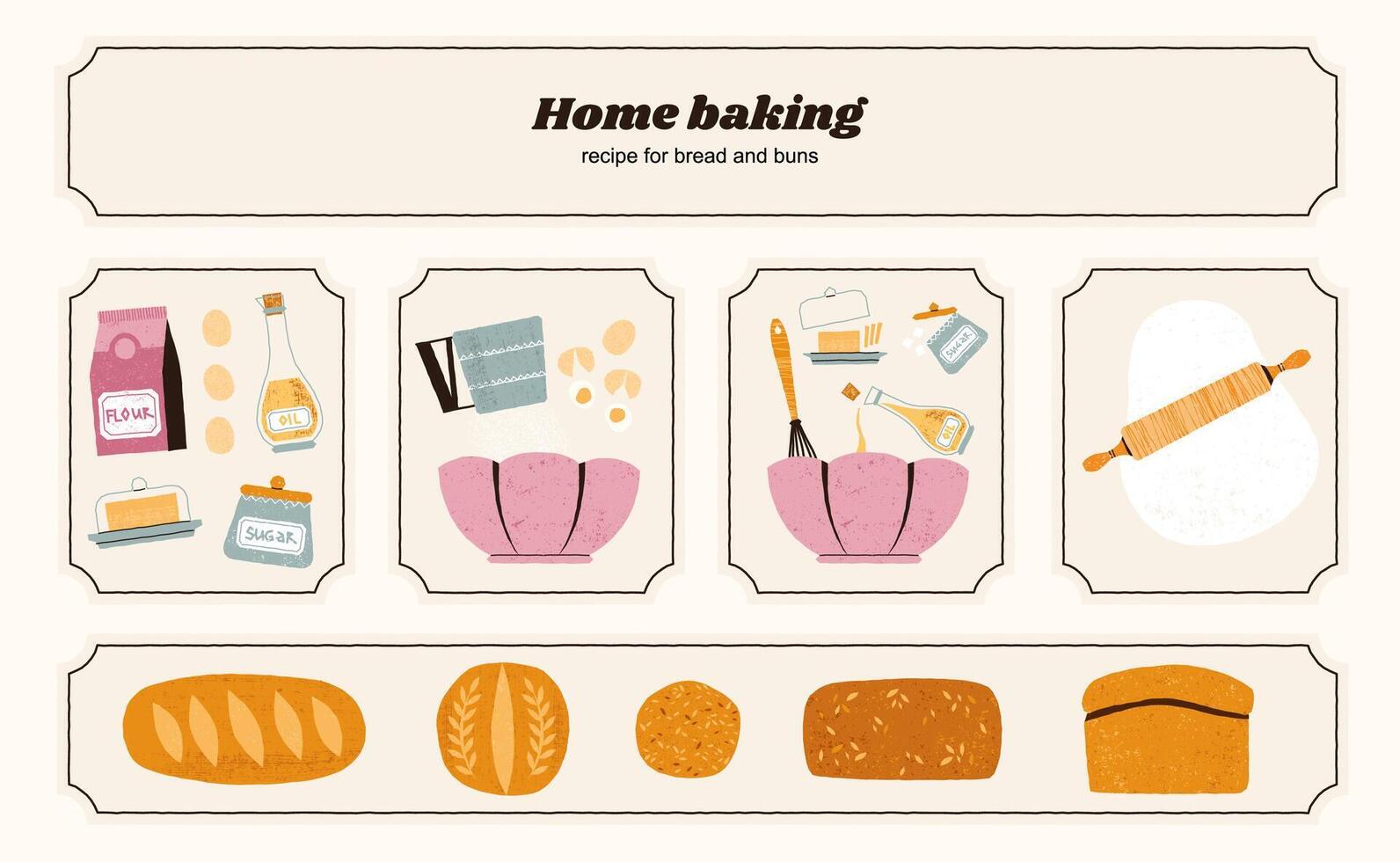 eigengemaakt brood recept. bakken ingrediënten en hulpmiddelen, traditioneel voedsel voorbereiding werkwijze, handgemaakt bakkerij producten. reeks vector