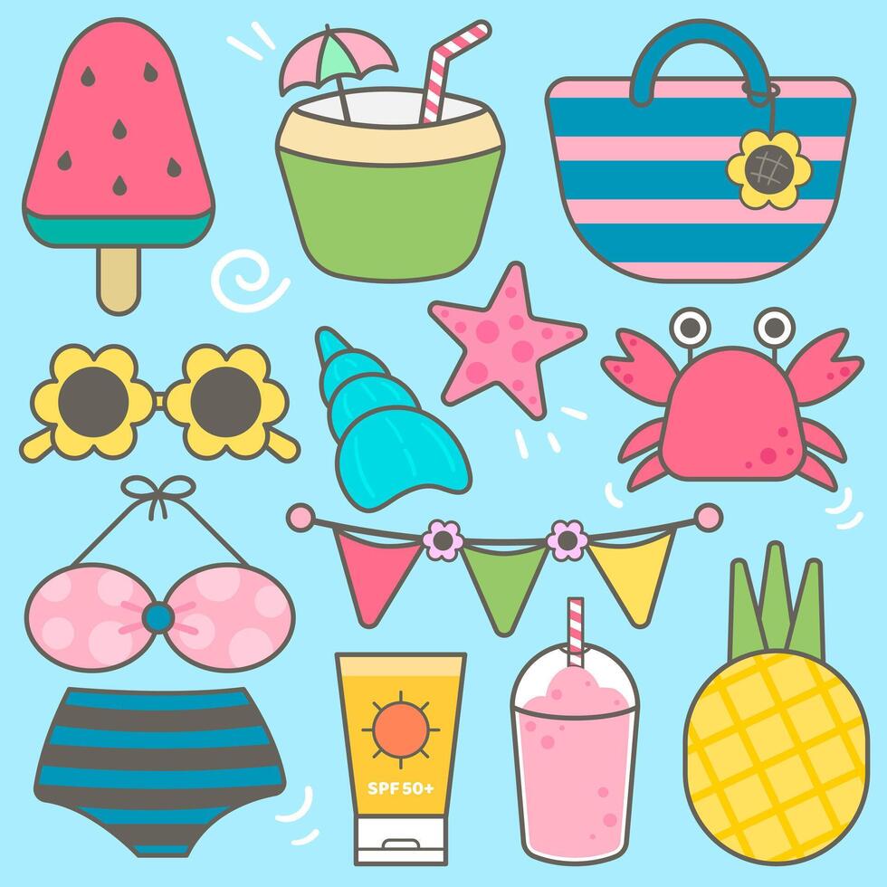 kinderen hand- getrokken kawaii zomer schattig elementen reeks illustratie vector