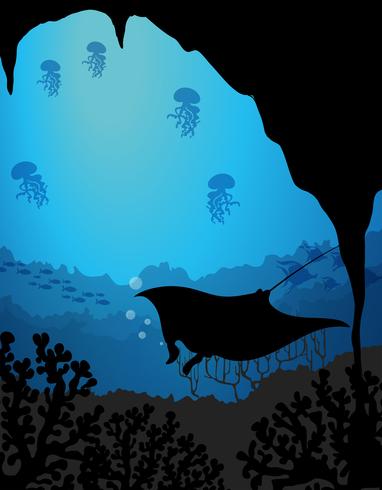 Silhouet onderwater scène met pijlstaartrog vector