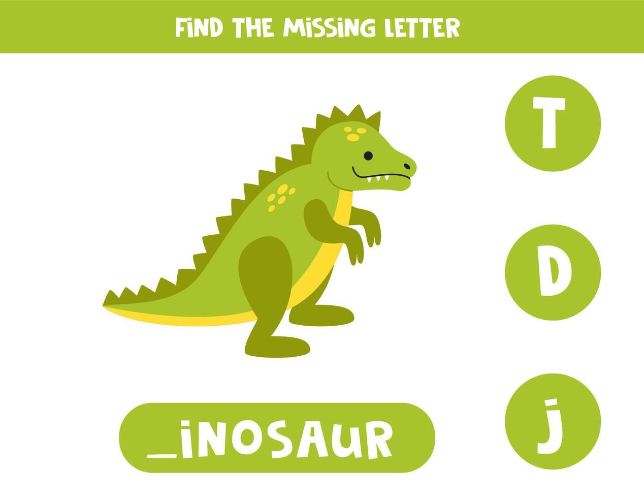 vind missend brief met tekenfilm dinosaurus. spelling werkblad. vector