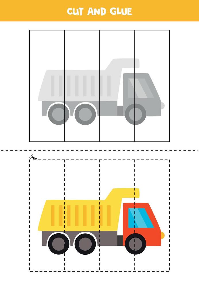 besnoeiing en lijm spel voor kinderen. schattig tekenfilm speelgoed- vrachtwagen. vector